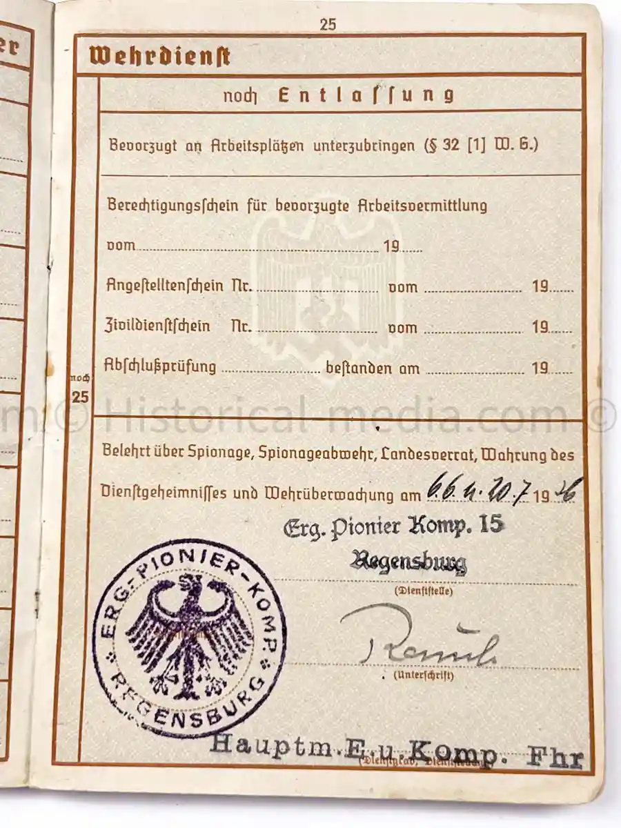 WEHRPASS - PIONIER BATAILLON 88 - 46 INFANTERIE DIVISION - POLAND, FRANCE & RUSSIA - SEVASTAPOL 