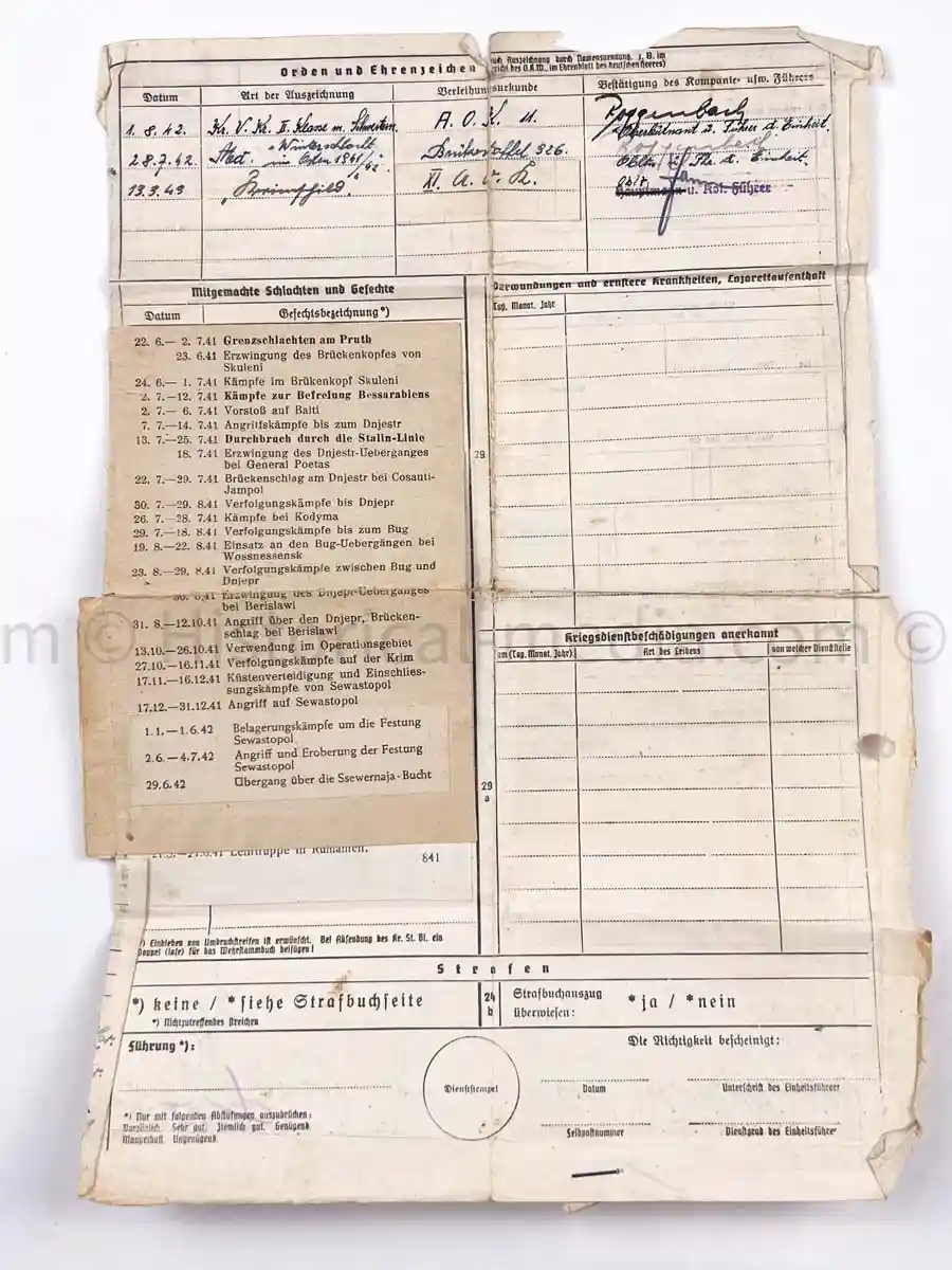 WEHRPASS - PIONIER BATAILLON 88 - 46 INFANTERIE DIVISION - POLAND, FRANCE & RUSSIA - SEVASTAPOL 