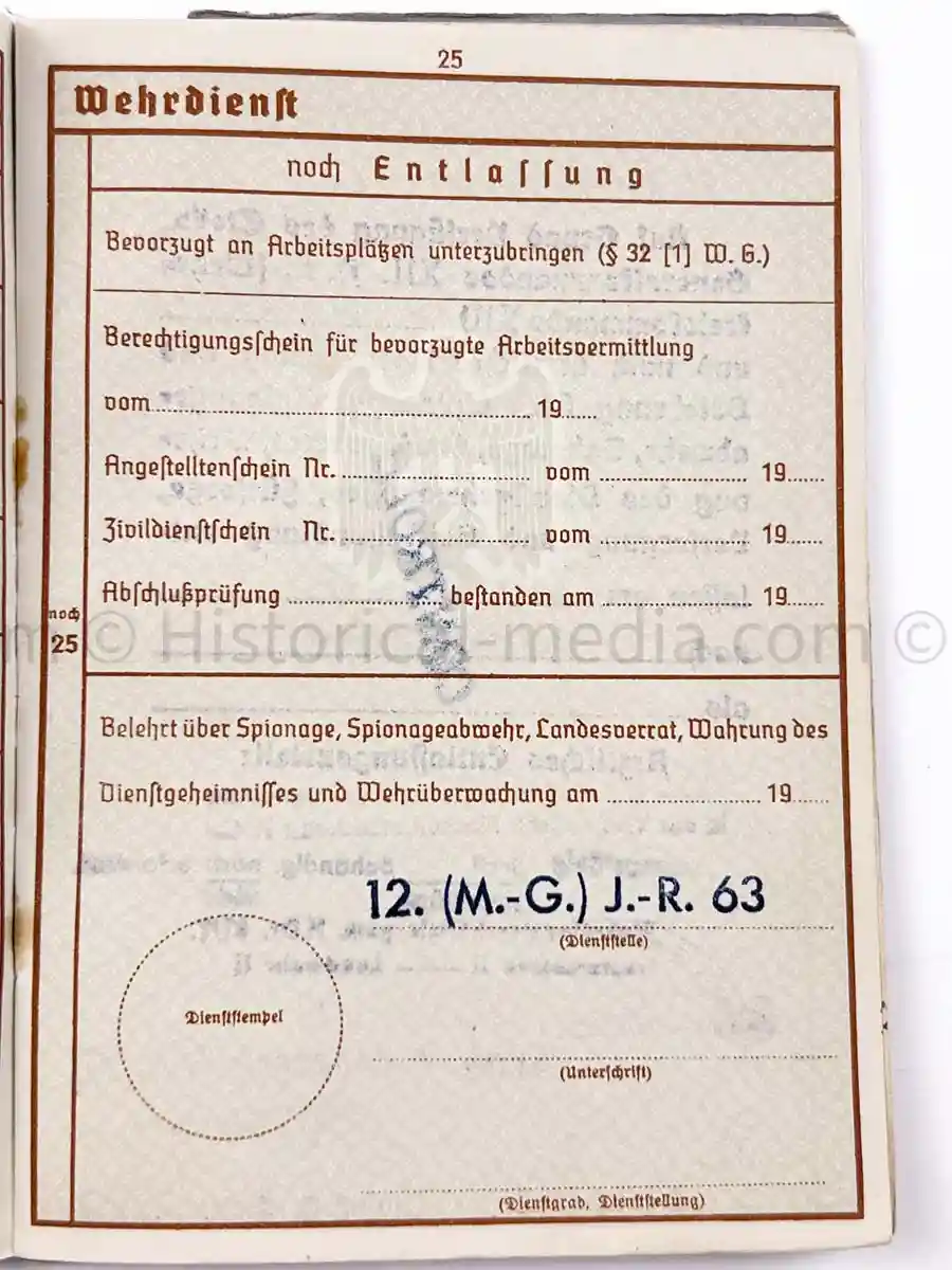 WEHRPASS - INFANTERIE REGIMENT 63 - 27. INFANTERIE DIVISION - AUSTRIAN ANSCHLUSS, POLAND, FRANCE, RUSSIA 