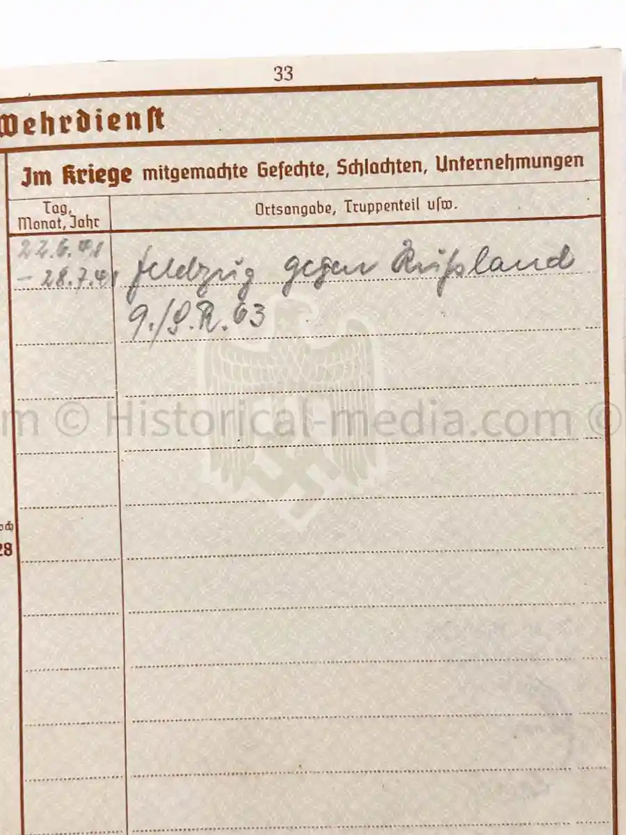 WEHRPASS - INFANTERIE REGIMENT 63 - 27. INFANTERIE DIVISION - AUSTRIAN ANSCHLUSS, POLAND, FRANCE, RUSSIA 