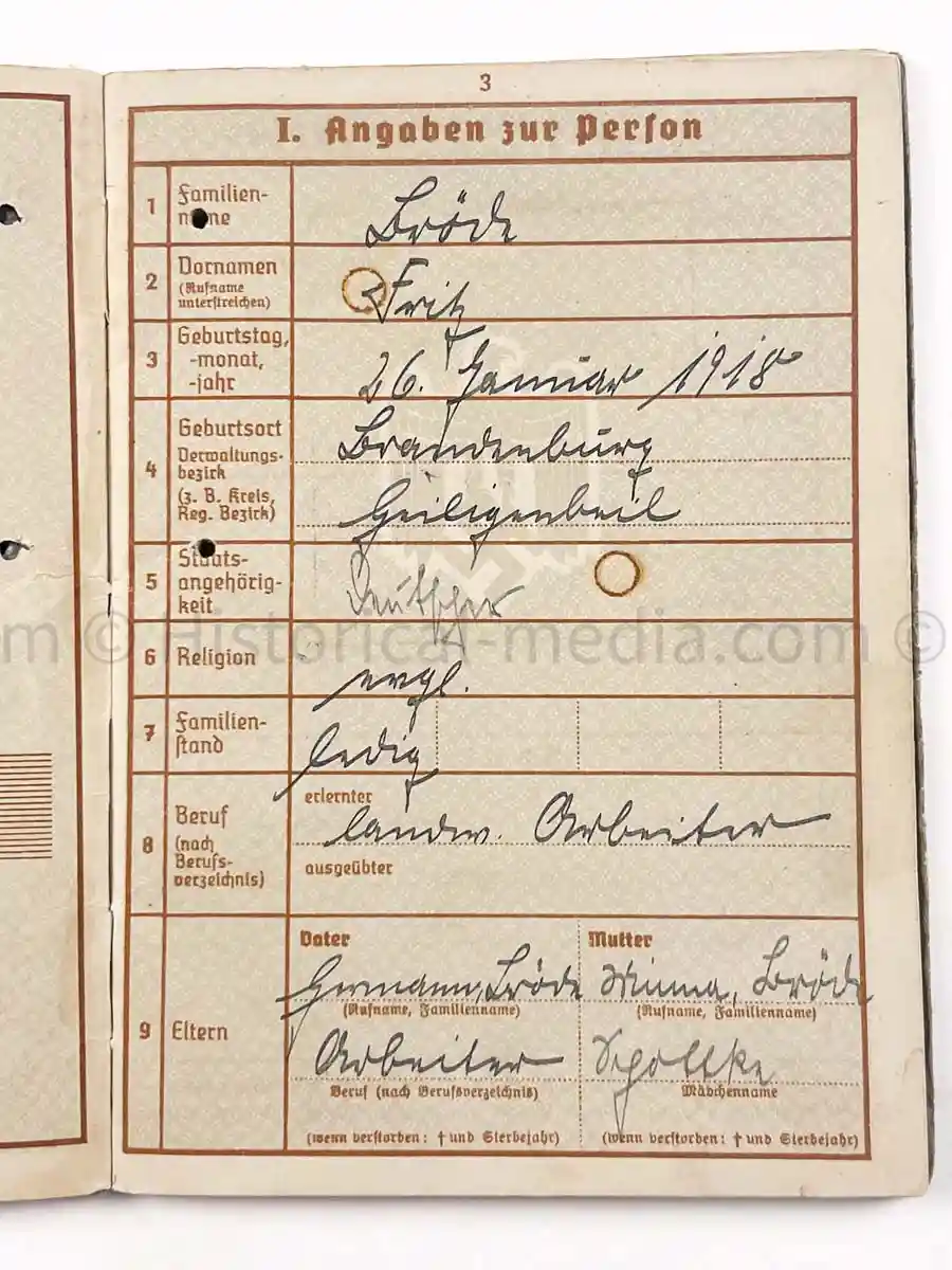 WEHRPASS - 61. INFANTERIE DIVISION - POLAND, FRANCE, RUSSIA - KIA 1943 