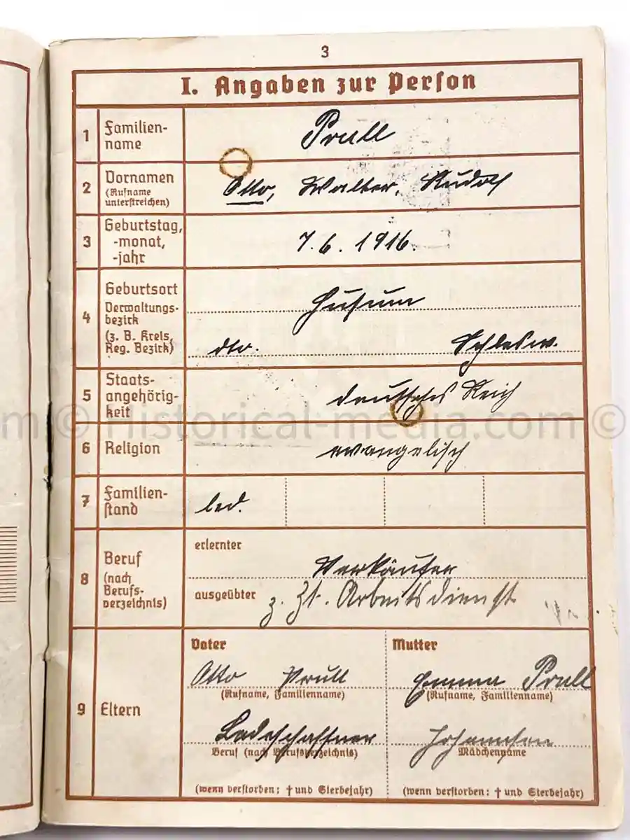 WEHRPASS - 2. INFANTERIE DIVISION (MOT.) - EK2 AWARDED FOR POLAND CAMPAIGN 1939 