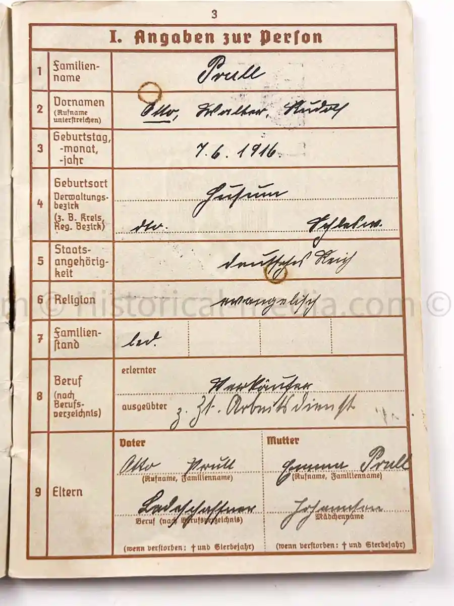 WEHRPASS - 2. INFANTERIE DIVISION (MOT.) - EK2 AWARDED FOR POLAND CAMPAIGN 1939 