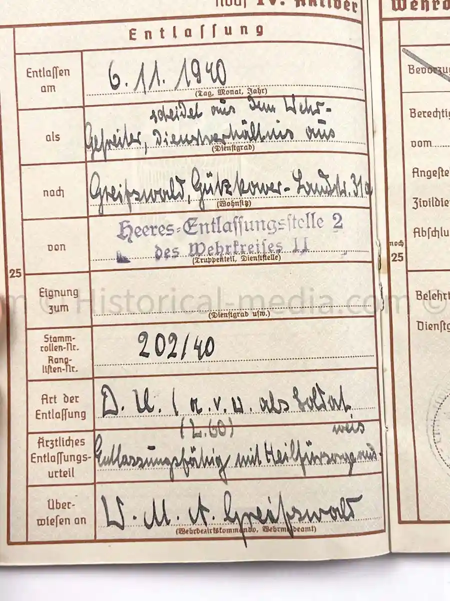 WEHRPASS - 2. INFANTERIE DIVISION (MOT.) - EK2 AWARDED FOR POLAND CAMPAIGN 1939 