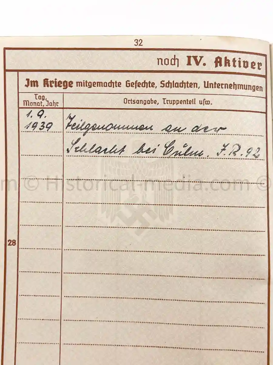 WEHRPASS - 2. INFANTERIE DIVISION (MOT.) - EK2 AWARDED FOR POLAND CAMPAIGN 1939 