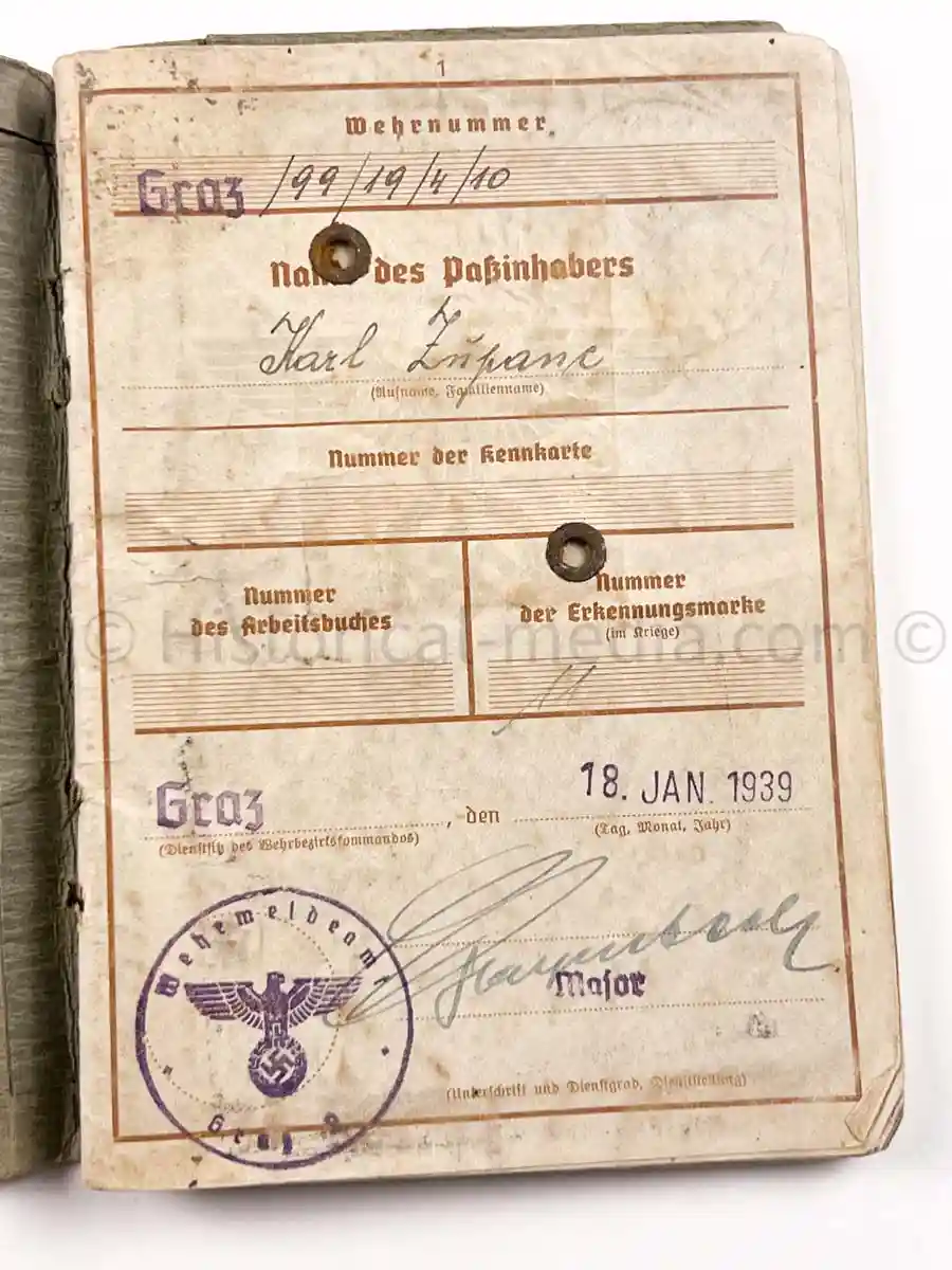 WEHRPASS - 3. GEBIRGS DIVISION - WWI ITALIAN POW + POLAND 1939 