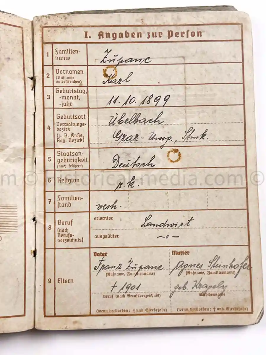 WEHRPASS - 3. GEBIRGS DIVISION - WWI ITALIAN POW + POLAND 1939 