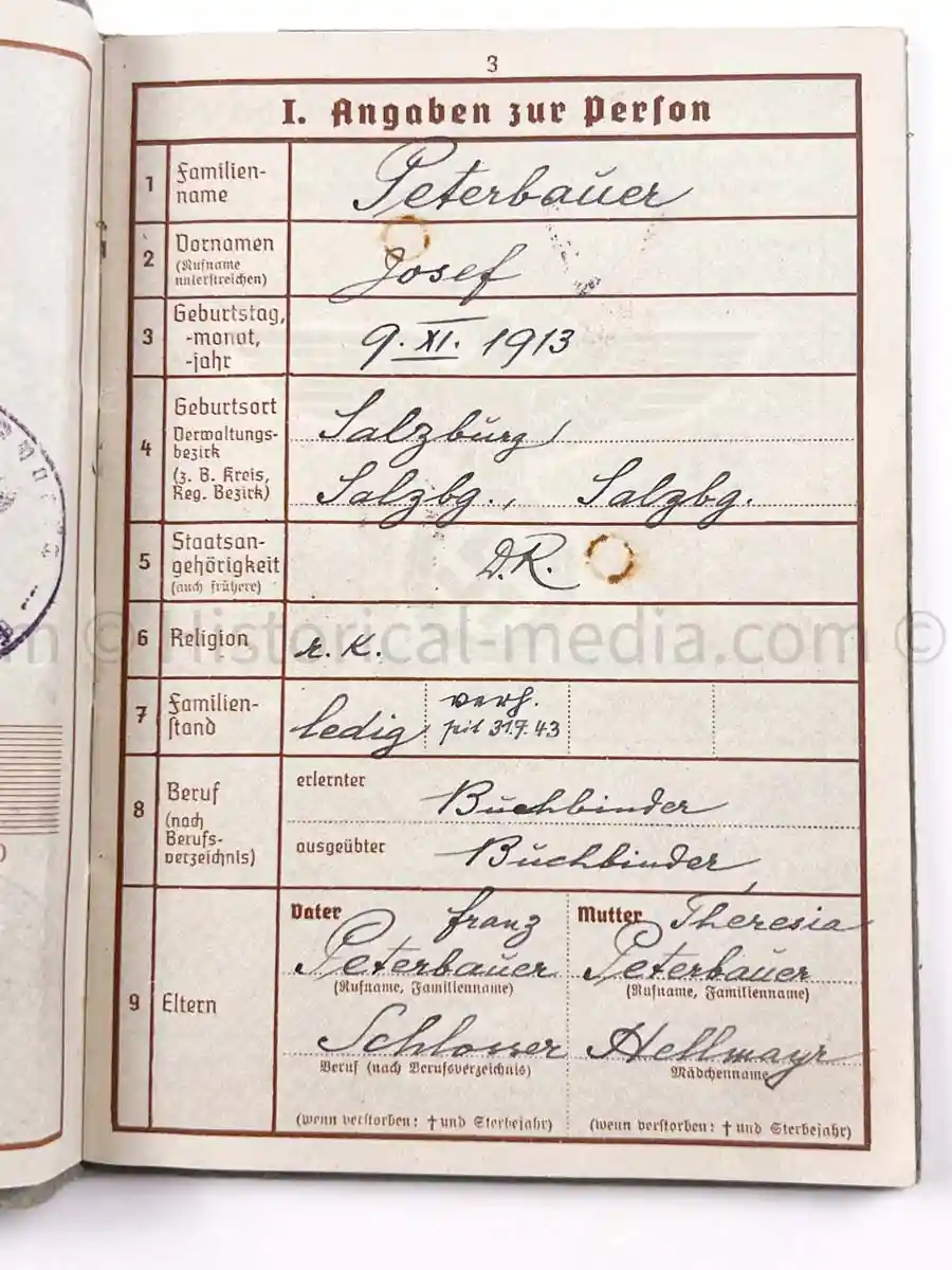 WEHRPASS - 3. GEBIRGS DIVISION - POLAND, FRANCE, RUSSIA 