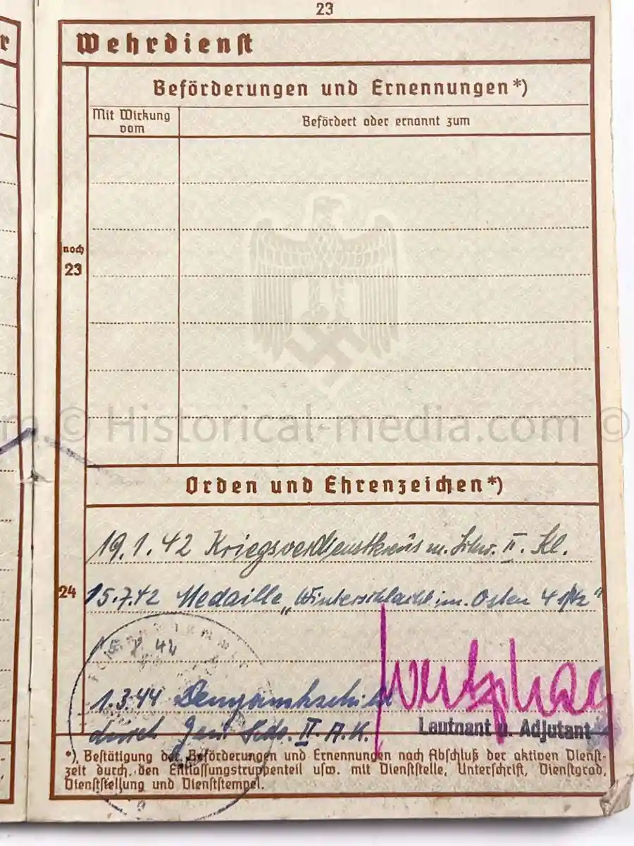WEHRPASS - 32. INFANTERIE DIVISION - DEMYANSK SHIELD - POLAND, FRANCE, RUSSIA, BANDENKAMPF 