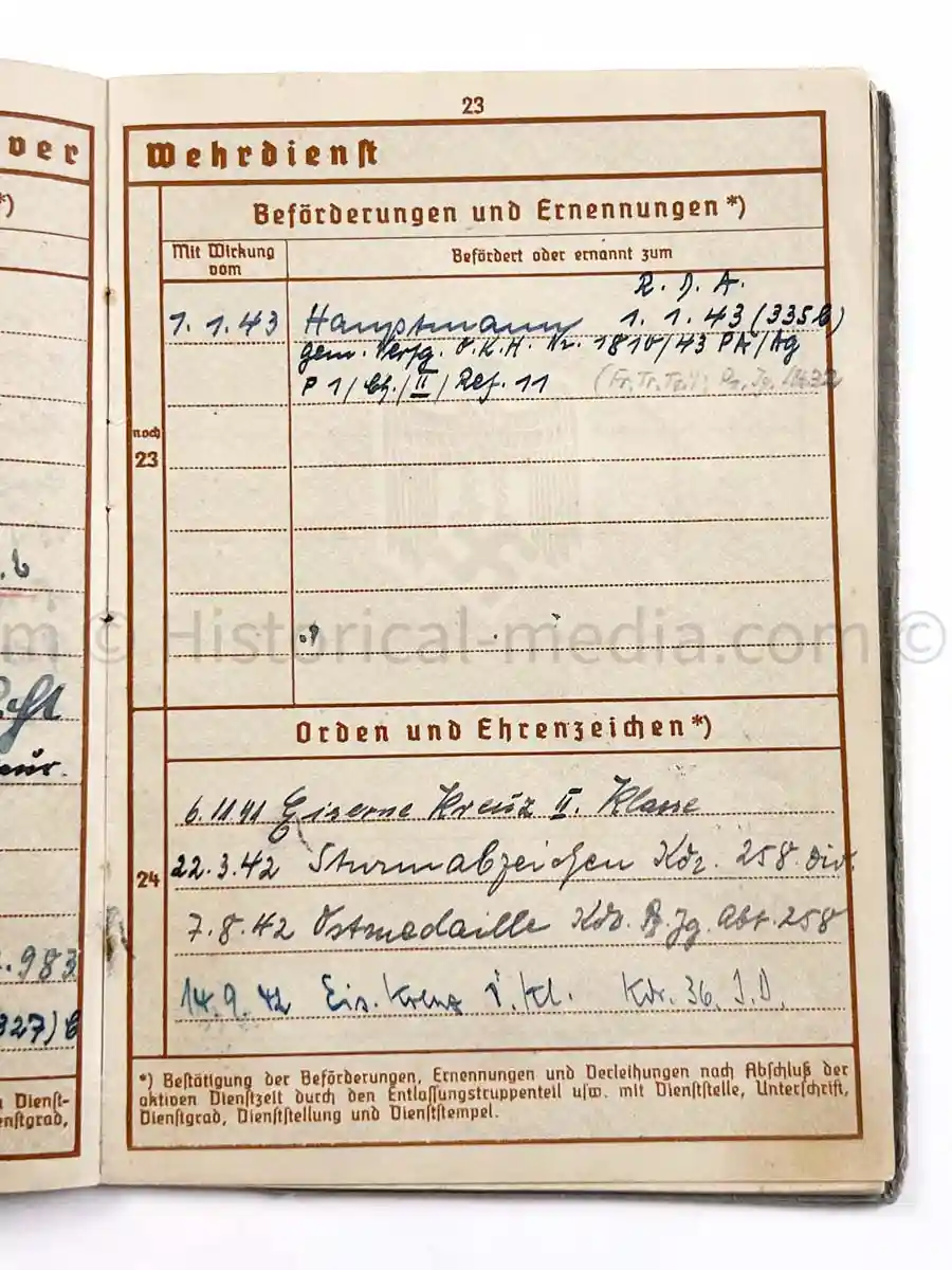 WEHRPASS - HAUPTMANN - 32 INFANTERIE DIVISION - POLAND, FRANCE, RUSSIA - EK1 