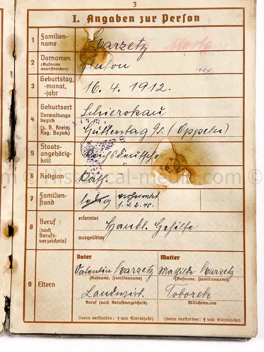WEHRPASS - 239. INFANTERIE DIVISION - POLAND, FRANCE, RUSSIA - KIA 