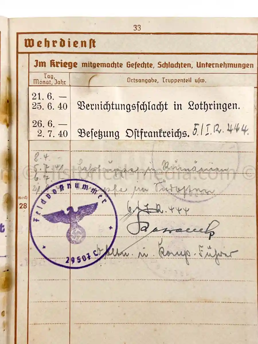 WEHRPASS - 239. INFANTERIE DIVISION - POLAND, FRANCE, RUSSIA - KIA 