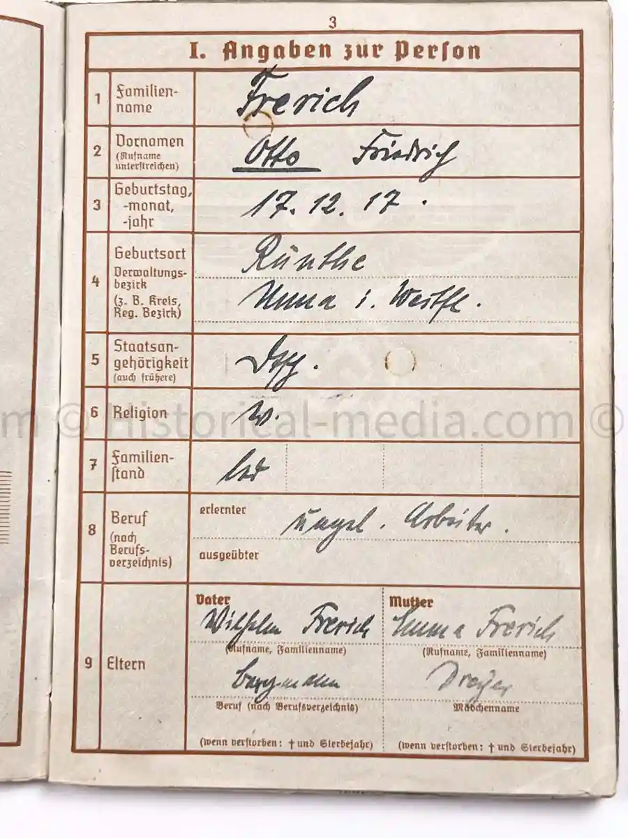 WEHRPASS - 19. INFANTERIE DIVISION - 20. PANZER DIVISION - POLAND, FRANCE, RUSSIA 
