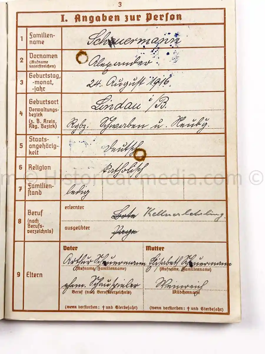 WEHRPASS - 57. INFANTERIE DIVISION - 8. JÄGER DIVISION - POLAND, FRANCE - KIA RUSSIA 