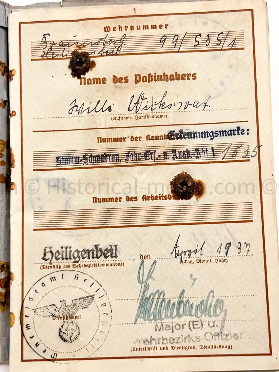 WEHRPASS - ARTILLERIE ABTEILUNG 526 (MOT.) - POLAND CAMPAIGN 