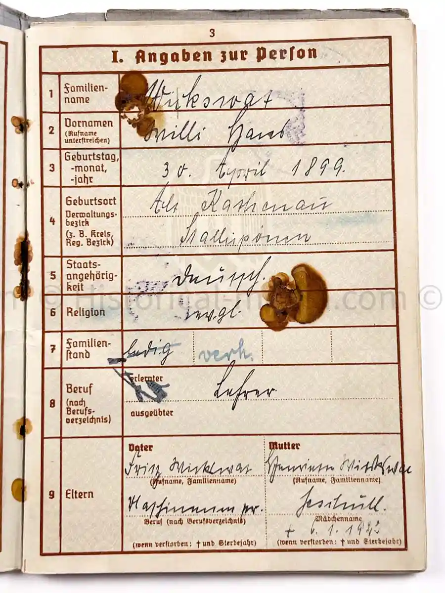 WEHRPASS - ARTILLERIE ABTEILUNG 526 (MOT.) - POLAND CAMPAIGN 