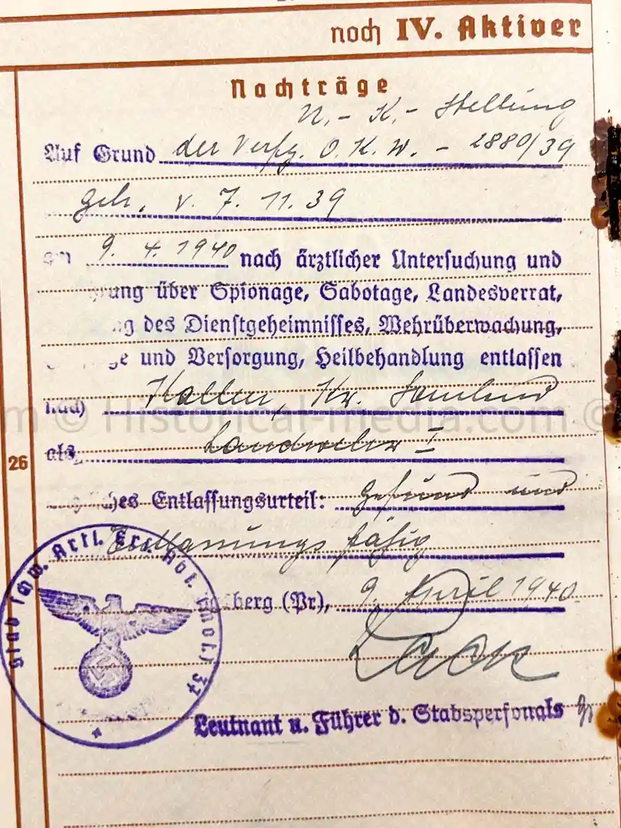 WEHRPASS - ARTILLERIE ABTEILUNG 526 (MOT.) - POLAND CAMPAIGN 