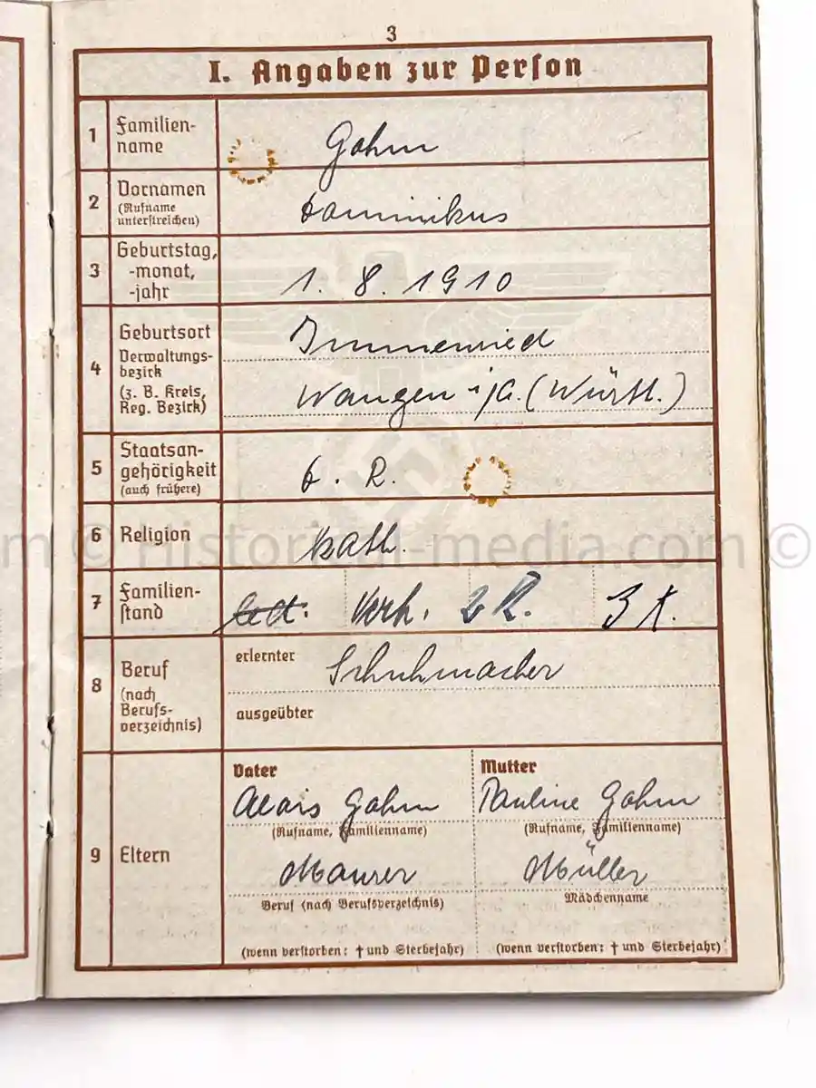 WEHRPASS - 1. INFANTERIE DIVISION - POLAND, FRANCE 