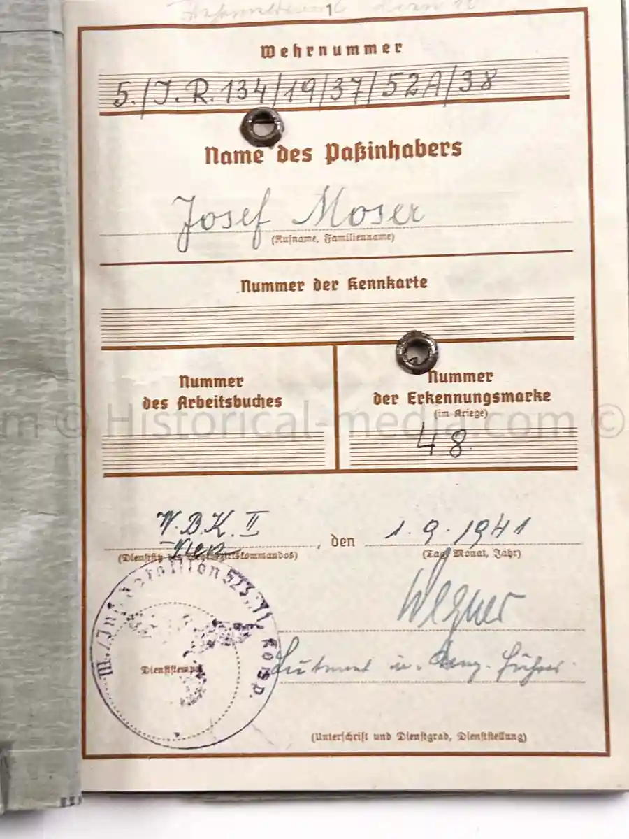 WEHRPASS - 1. INFANTERIE DIVISION - POLAND, FRANCE 