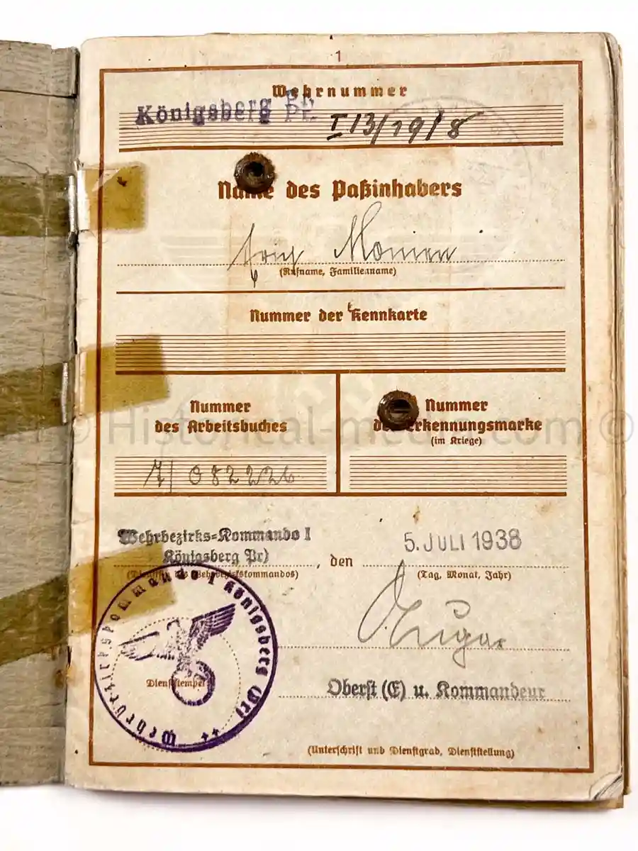 WEHRPASS - 1. INFANTERIE DIVISION - POLAND, FRANCE 