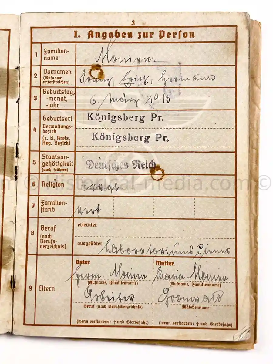 WEHRPASS - 1. INFANTERIE DIVISION - POLAND, FRANCE 