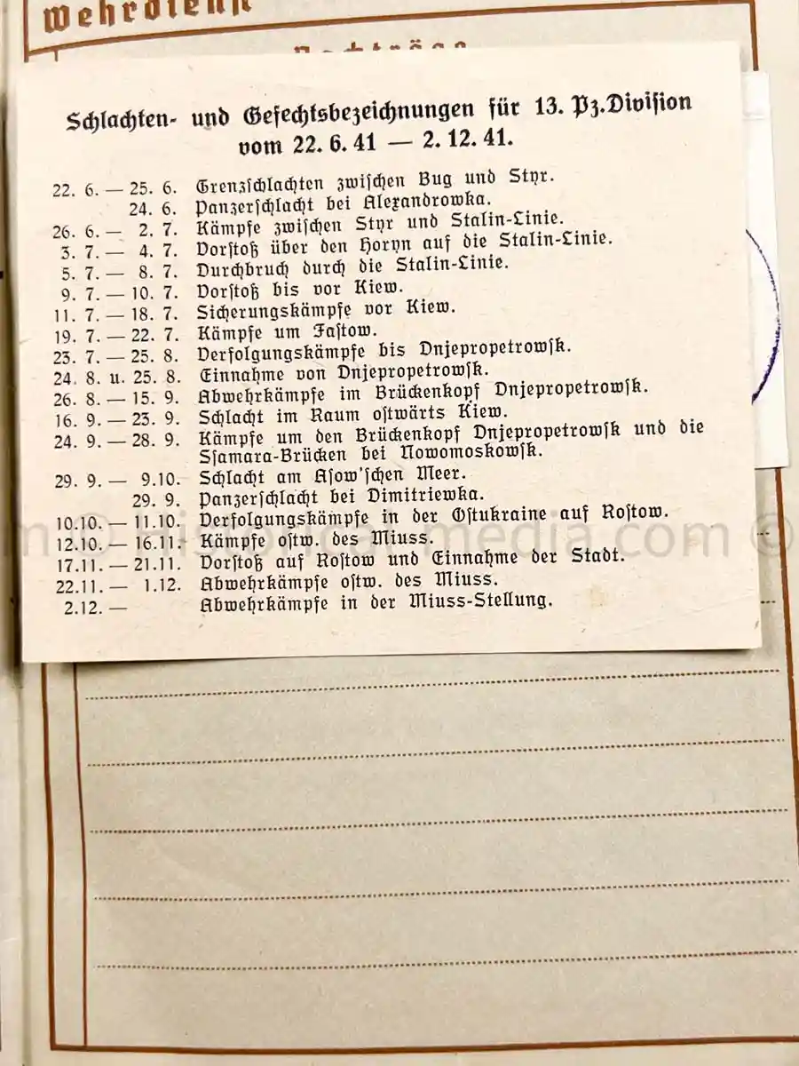 WEHRPASS - 13. PANZER DIVISION - HEERESJUSTIZOBERINSPEKTOR - KUBANSCHILD 