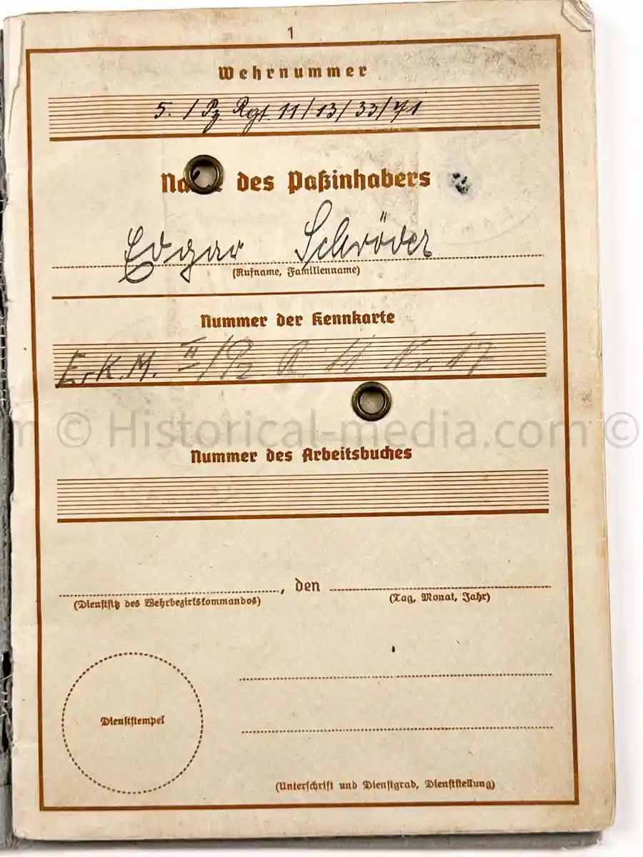 WEHRPASS - 1. LEICHTE DIVISION - PANZER REGIMENT 11 - STABSSCHIRRMEISTER - POLAND 1939 