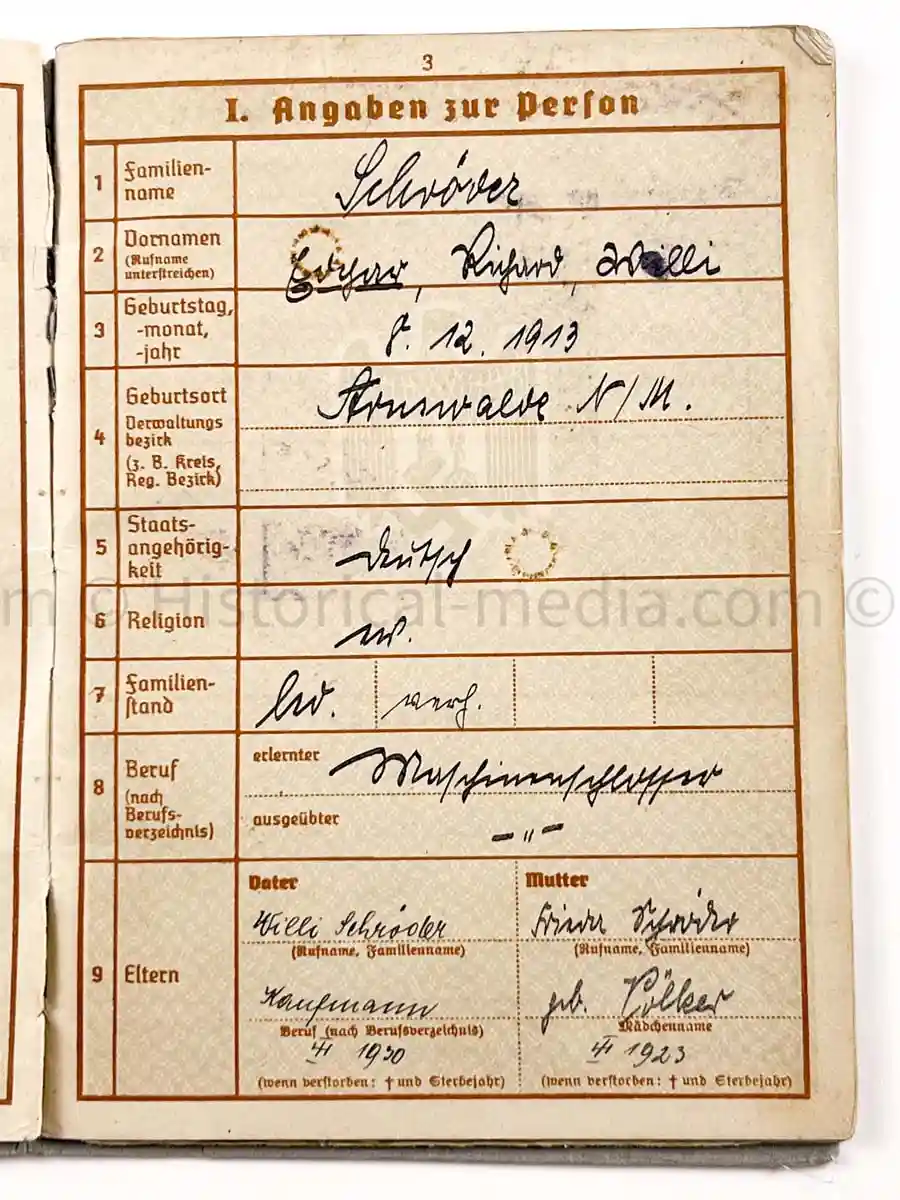 WEHRPASS - 1. LEICHTE DIVISION - PANZER REGIMENT 11 - STABSSCHIRRMEISTER - POLAND 1939 