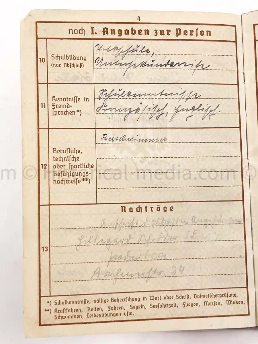 WEHRPASS - 1. LEICHTE DIVISION - PANZER REGIMENT 11 - STABSSCHIRRMEISTER - POLAND 1939 
