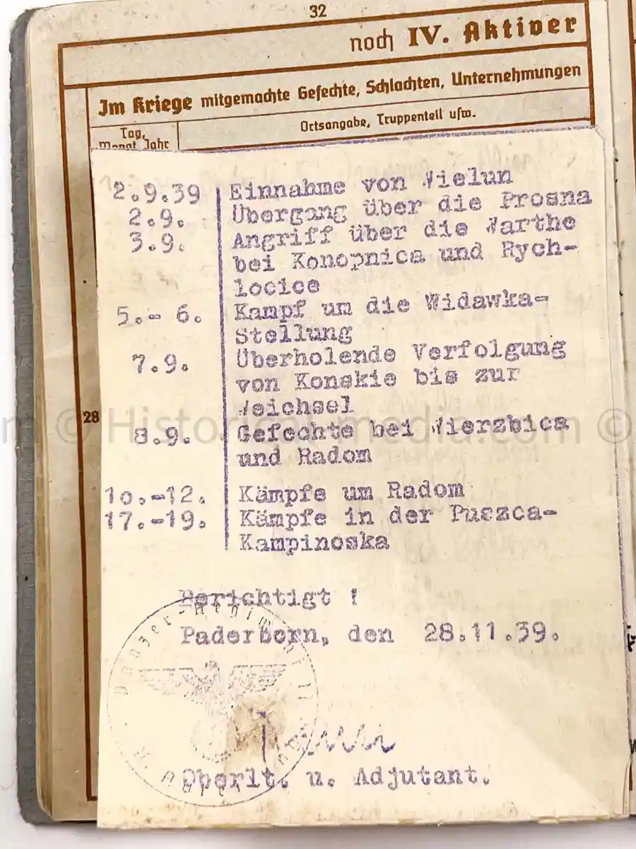 WEHRPASS - 1. LEICHTE DIVISION - PANZER REGIMENT 11 - STABSSCHIRRMEISTER - POLAND 1939 