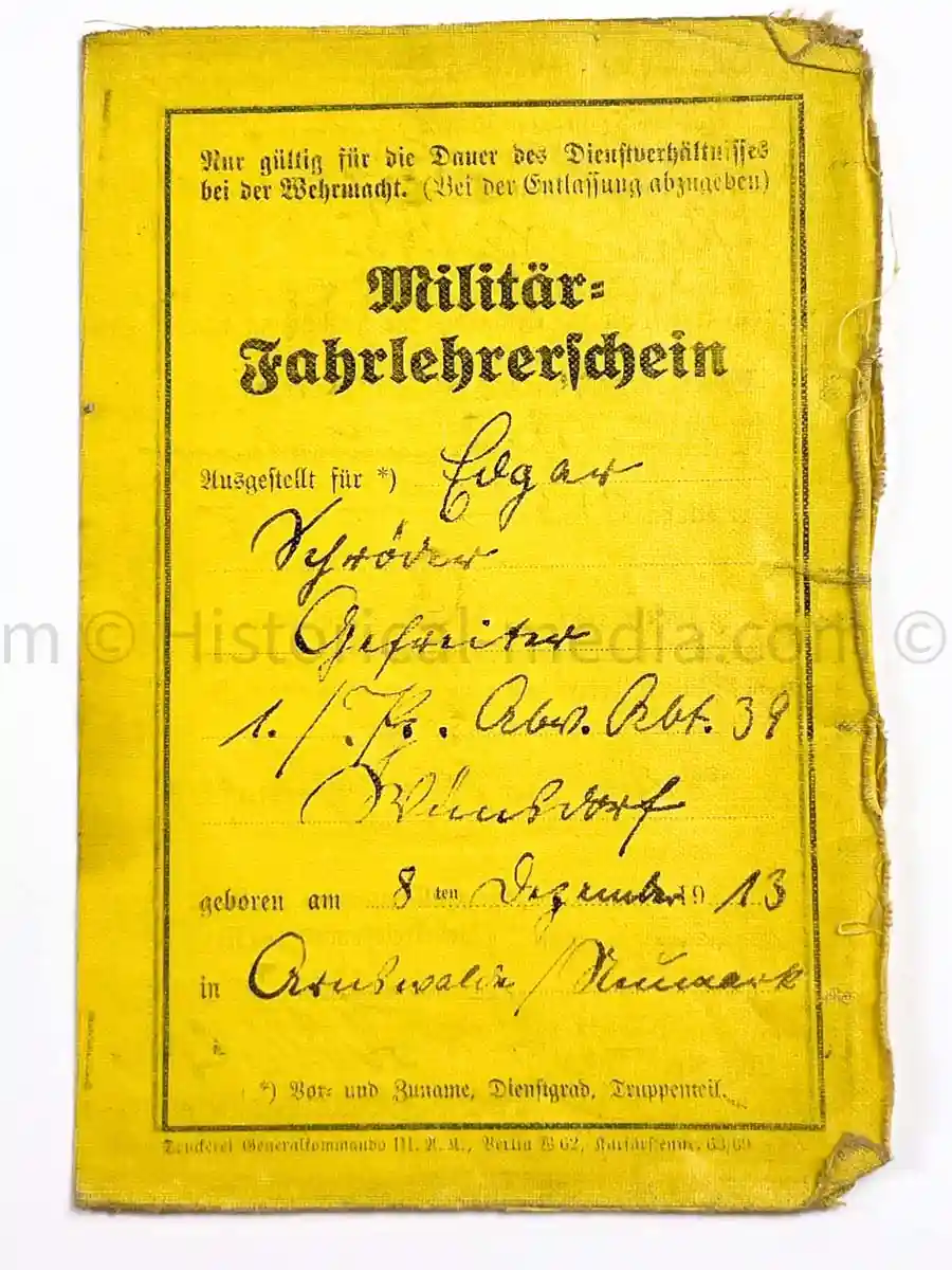 WEHRPASS - 1. LEICHTE DIVISION - PANZER REGIMENT 11 - STABSSCHIRRMEISTER - POLAND 1939 
