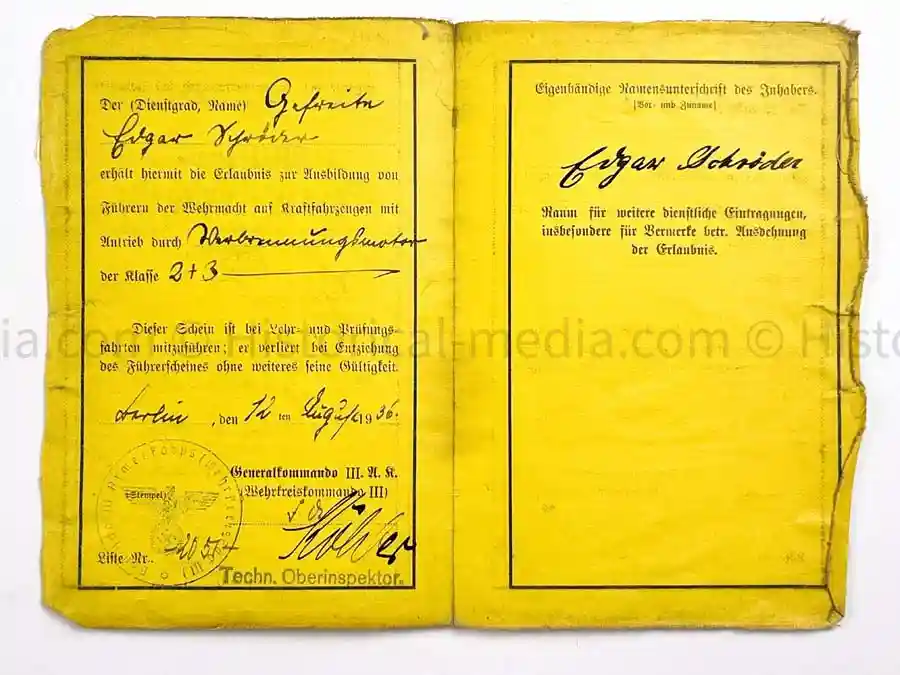 WEHRPASS - 1. LEICHTE DIVISION - PANZER REGIMENT 11 - STABSSCHIRRMEISTER - POLAND 1939 