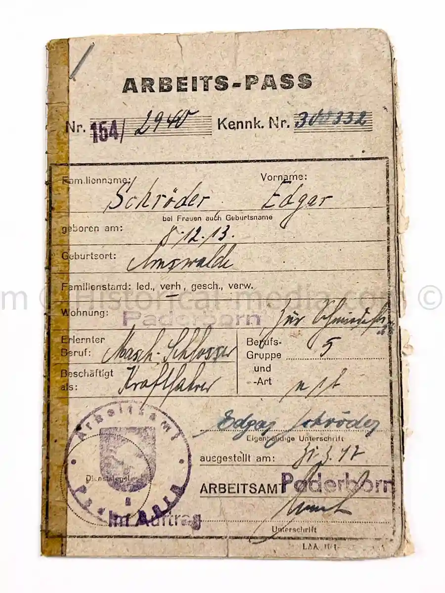 WEHRPASS - 1. LEICHTE DIVISION - PANZER REGIMENT 11 - STABSSCHIRRMEISTER - POLAND 1939 