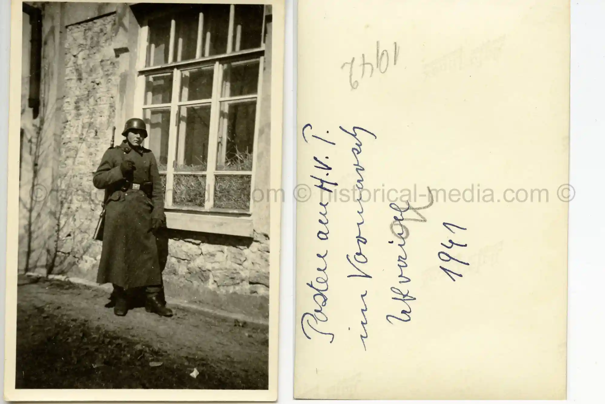 WAFFEN-SS PHOTO - WIKING SOLDIER IN HELMET & GREATCOAT