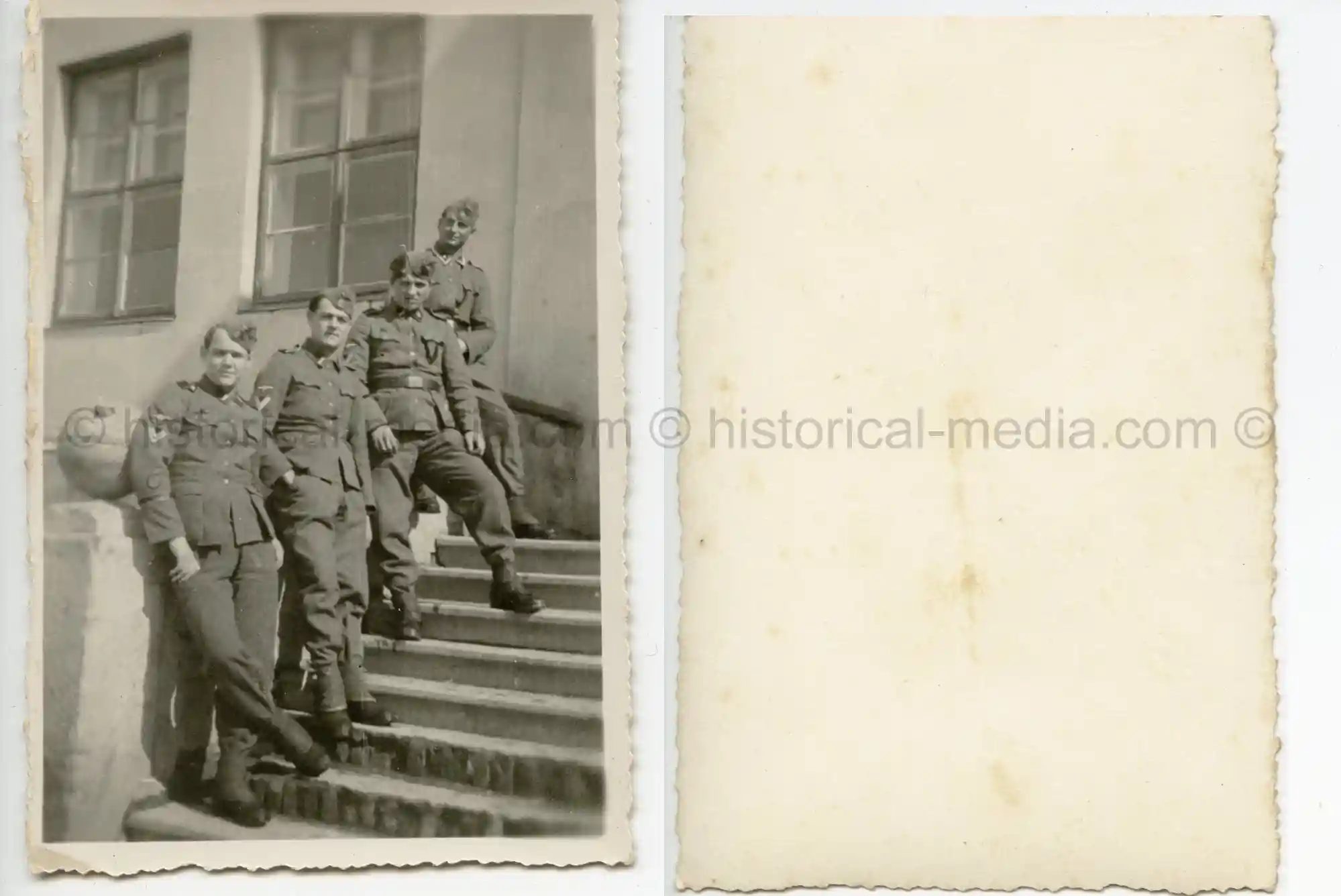 4X WAFFEN-SS PHOTOS - WIKING SOLDIERS POSE ON STAIRS