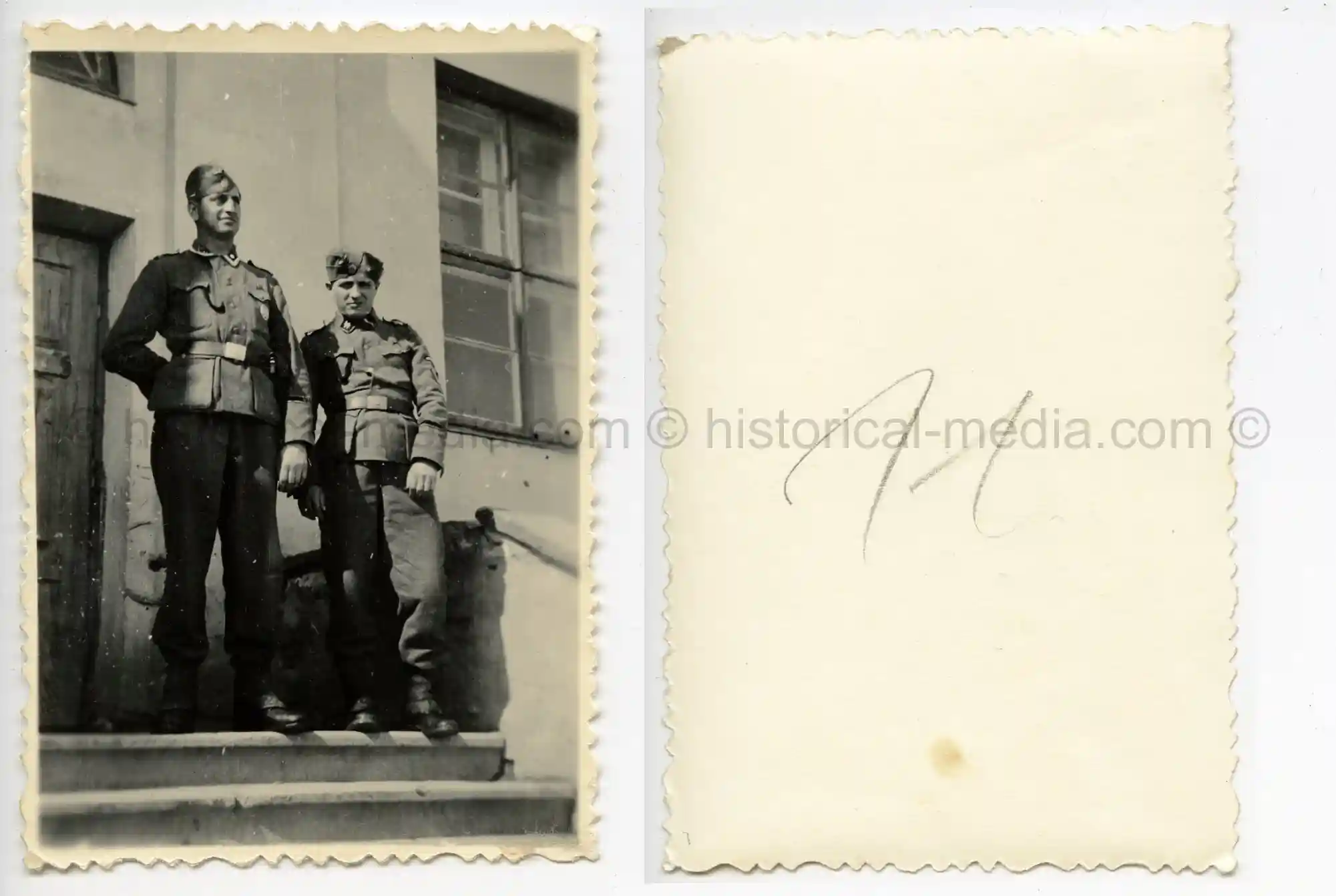 2X WAFFEN-SS PHOTOS - WIKING SOLDIERS POSE ON STAIRS + CUFFTITLE