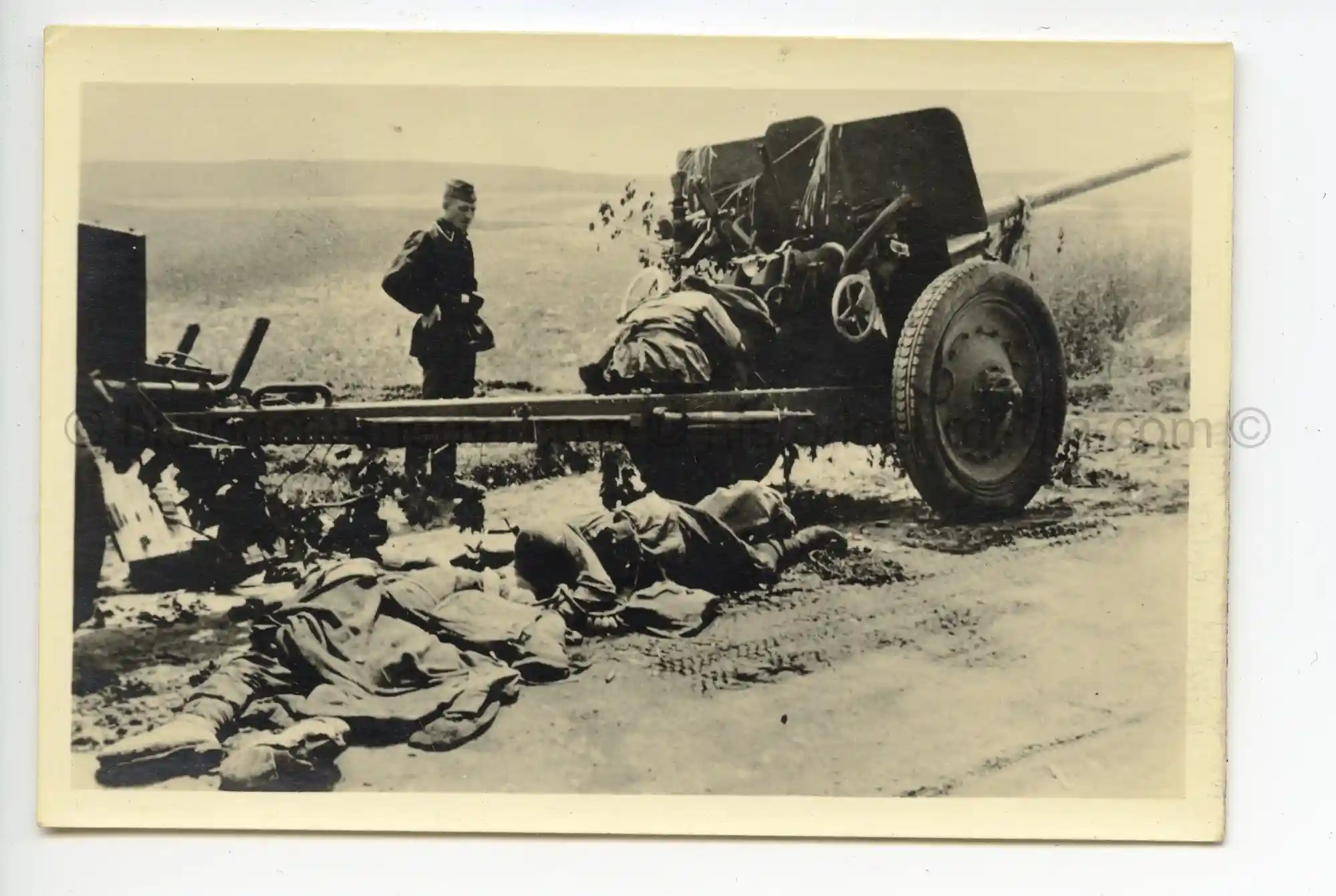WAFFEN-SS PHOTO - WIKING SOLDIER IN CAMO SMOCK INSPECTS KIA RUSSIAN ANTI-TANK CREW