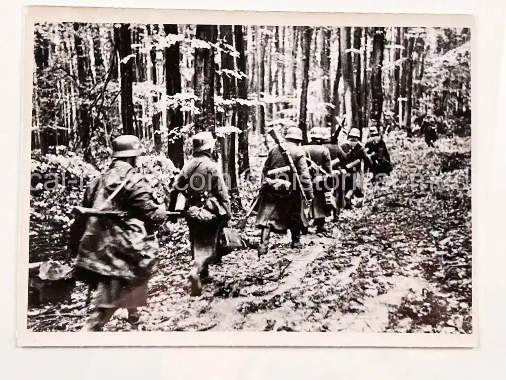 ORIGINAL PRESS PHOTO -  GERMAN SOLDIERS ON THE MARCH IN A FOREST