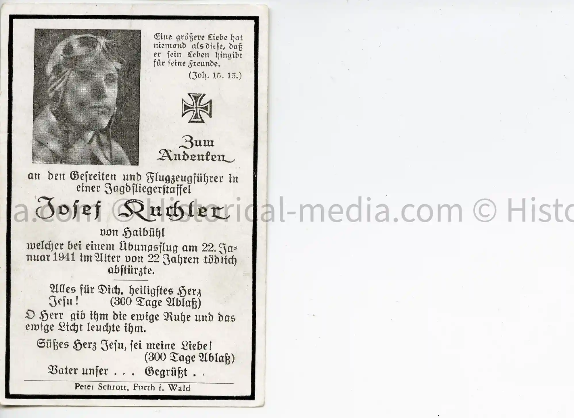 DEATH NOTICE - FIGHTER PILOT JOSEF KUCHLER - 1941
