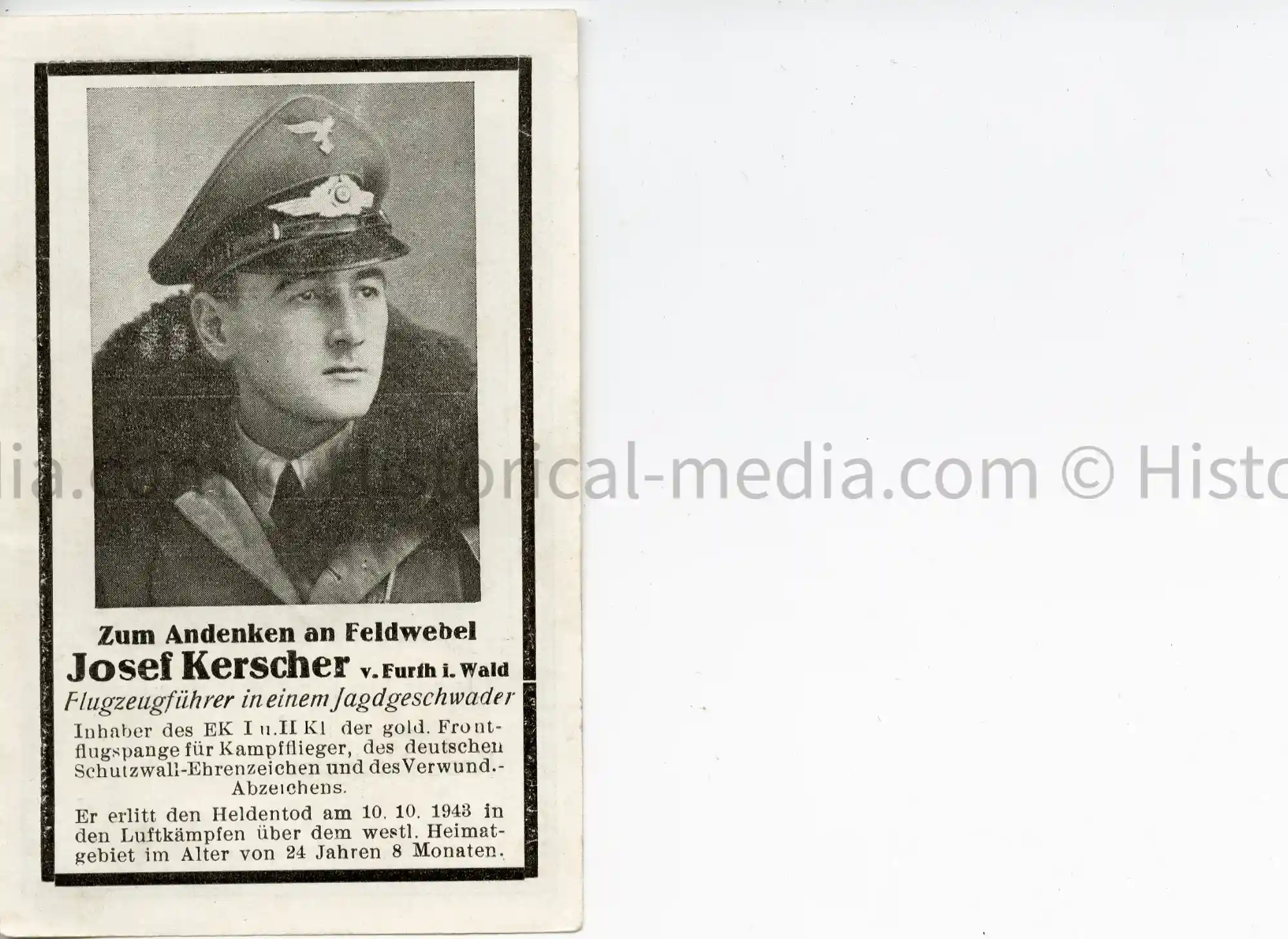 DEATH NOTICE - FIGHTER PILOT JOSEF KERSCHER - 1943