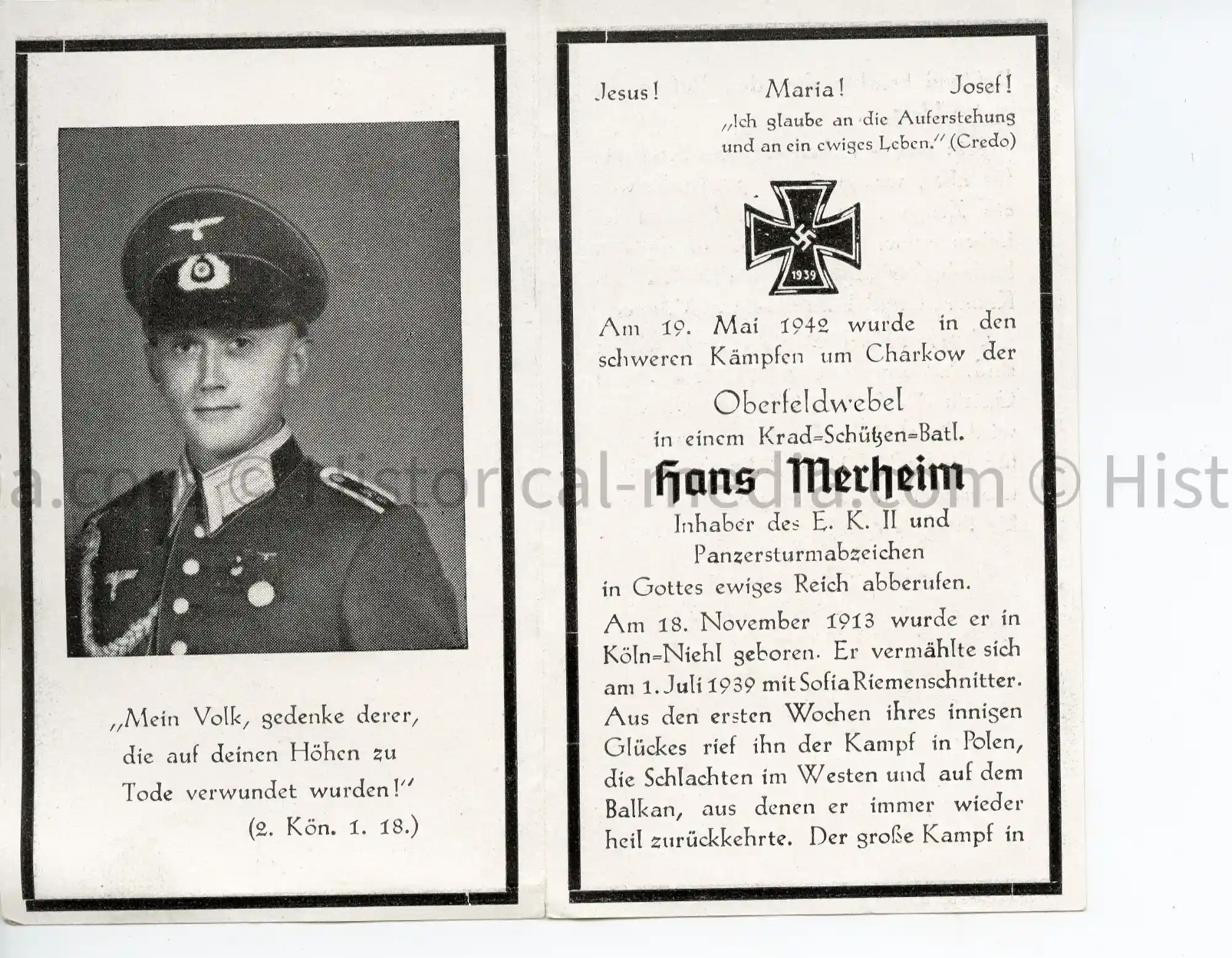 DEATH NOTICE - KRADSCHÜTZEN - HANS MERHEIM - PAB, EK2 - KIA 1942 CHARKOW