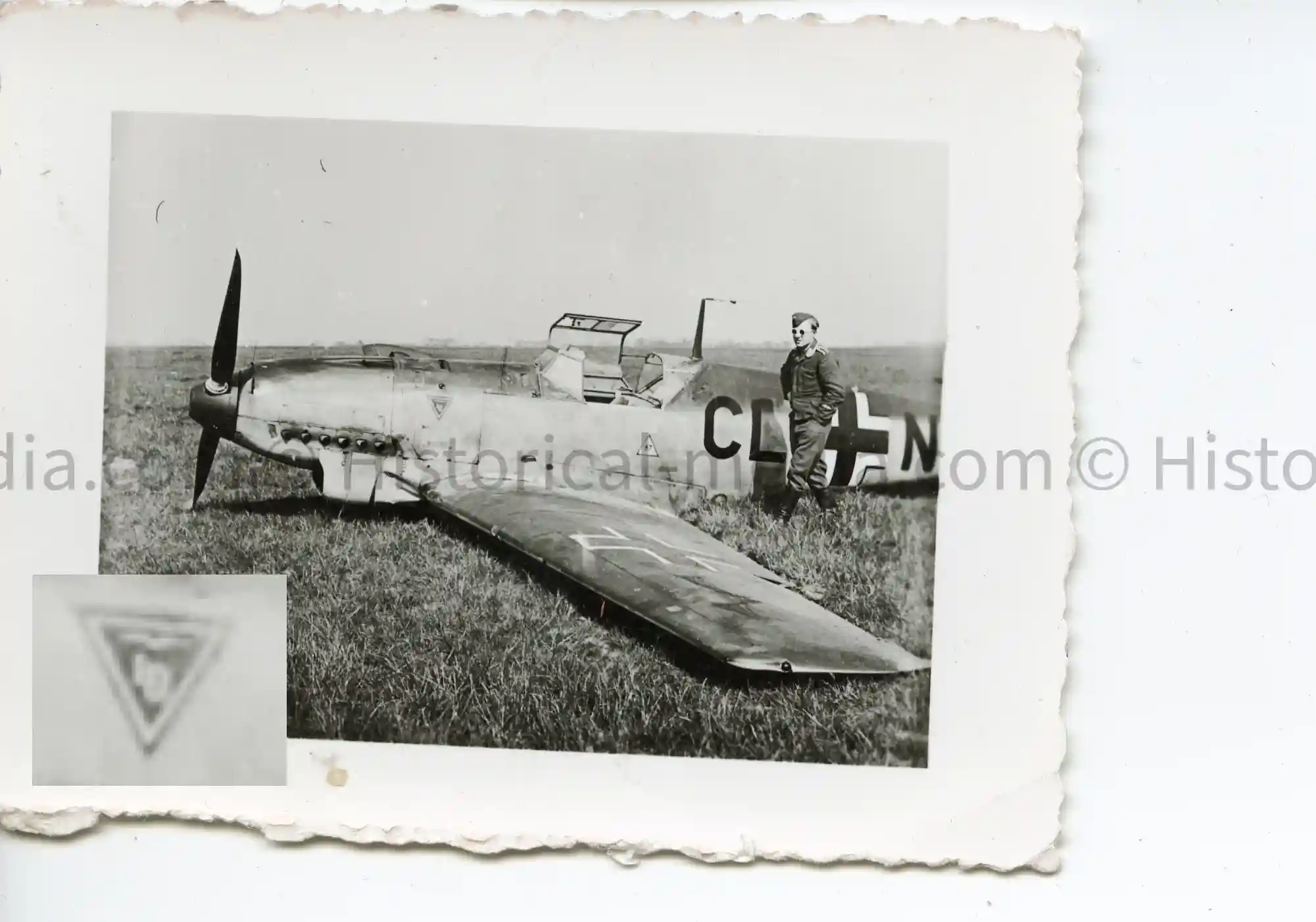 WWII GERMAN PHOTO CRASH LANDED ME 109 W/ UNIT EMBLEM WWII GERMAN PHOTO CRASH LANDED ME 109 W/ UNIT EMBLEM