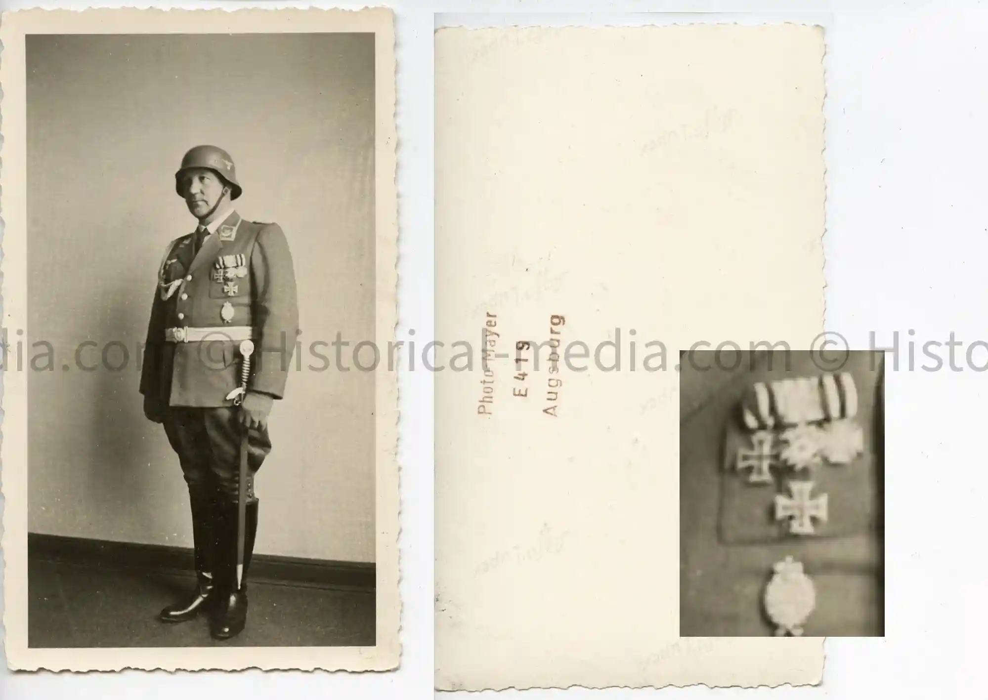 LUFTWAFFE OFFICER STUDIO PORTRAIT PHOTO - MEDAL BAR + SWORD + HELMET LUFTWAFFE OFFICER STUDIO PORTRAIT PHOTO - MEDAL BAR + SWORD + HELMET