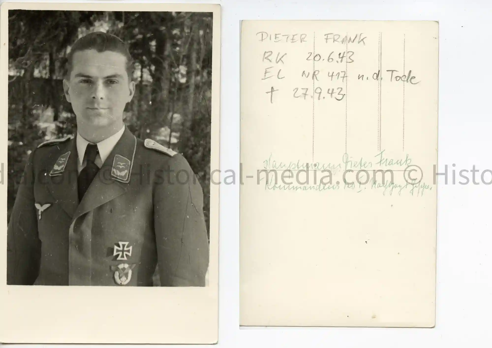 KNIGHTS CROSS WINNER PORTRAIT PHOTO - HANS DIETER FRANK - NIGHT FIGHTER - 55 KILLS