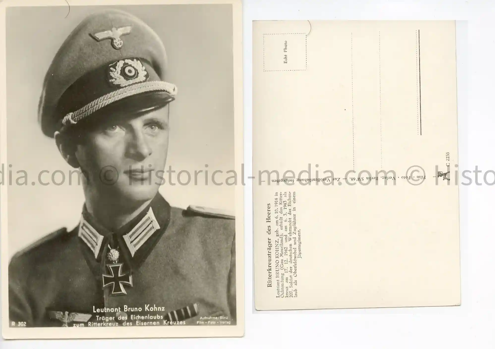 KNIGHTS CROSS WINNER POSTCARD PORTRAIT PHOTO - BRUNO KOHNZ KNIGHTS CROSS WINNER POSTCARD PORTRAIT PHOTO - BRUNO KOHNZ