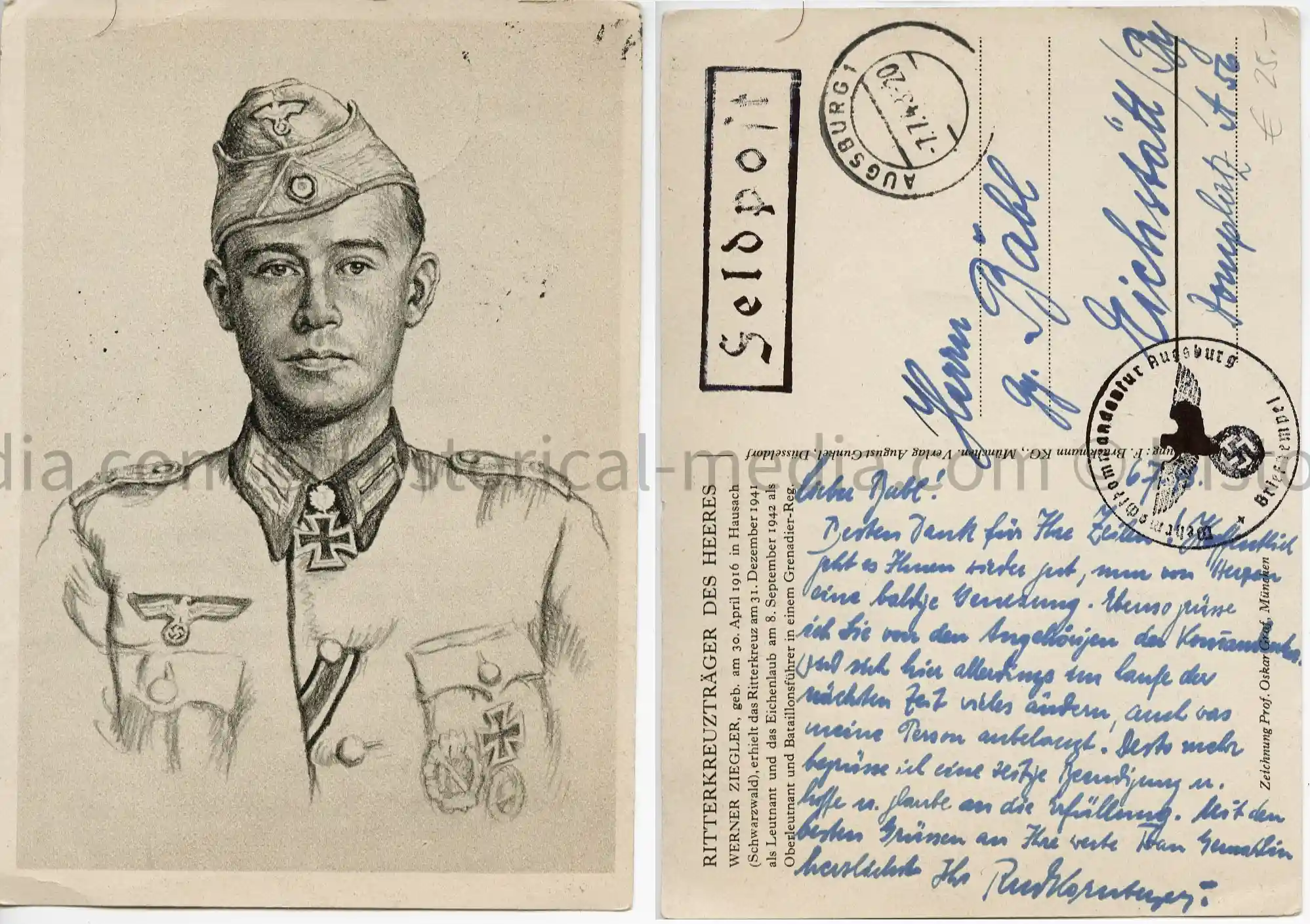 KNIGHTS CROSS WINNER POSTCARD PORTRAIT POSTCARD - WENER ZIEGLER