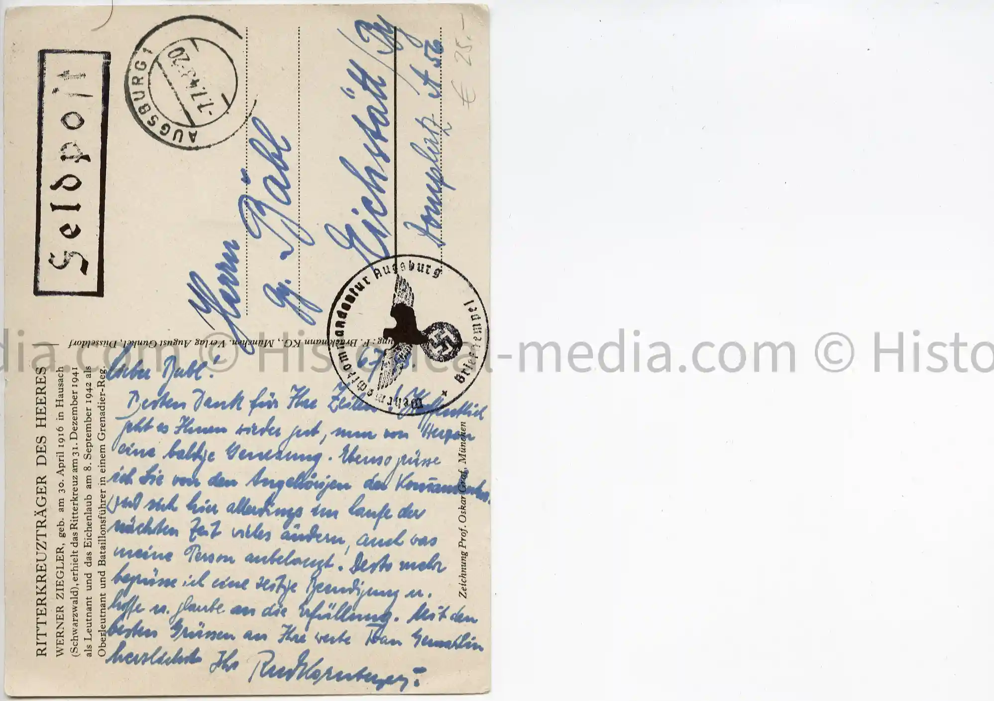 KNIGHTS CROSS WINNER POSTCARD PORTRAIT POSTCARD - WENER ZIEGLER