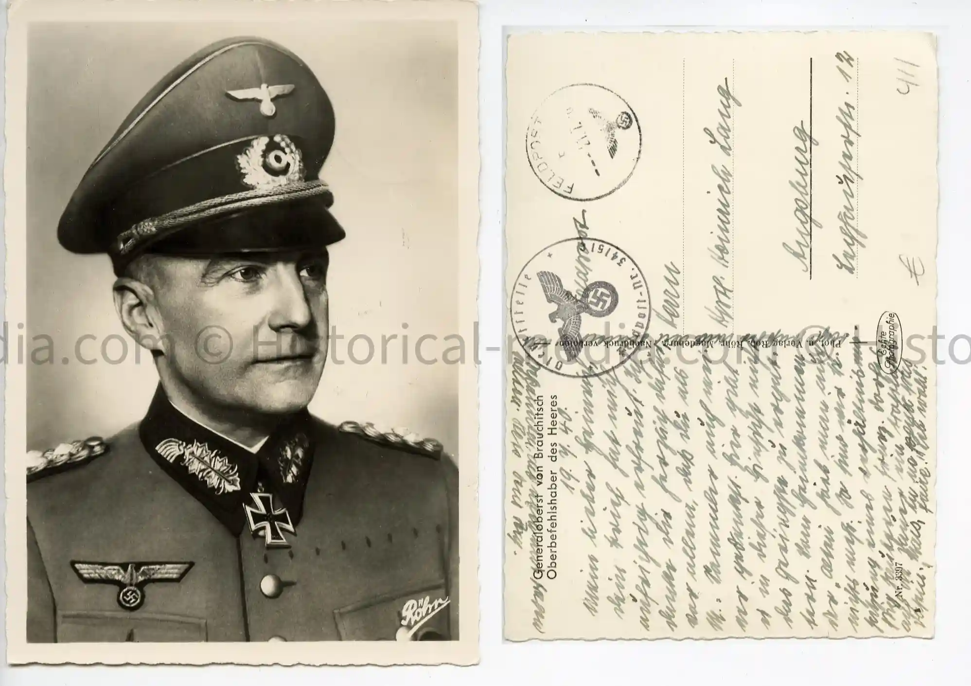 KNIGHTS CROSS WINNER PORTRAIT PHOTO POSTCARD - GENERALOBERST BRAUCHITSCH