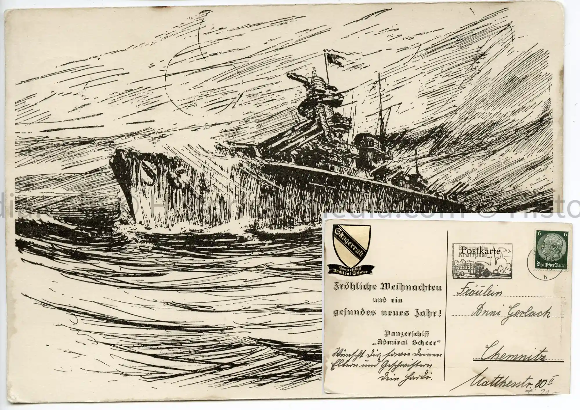 OFFICIAL SHIP POSTCARD - PANZERSCHIFF ADMIRAL SCHEER - SCARCE!