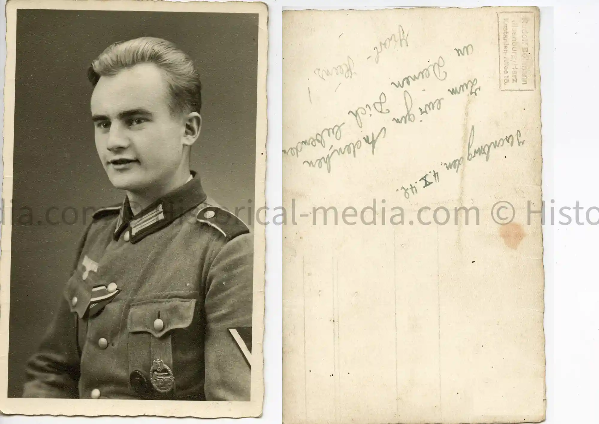 STUDIO PORTRAIT PHOTO - PANZER BADGE, WOUND BADGE, EK2, OSTMED. STUDIO PORTRAIT PHOTO - PANZER BADGE, WOUND BADGE, EK2, OSTMED.